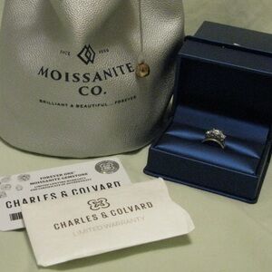 Forever One Moissanite 3-Stone Engagement Ring & Band Set 1.5 Ct 18k White Sz 4